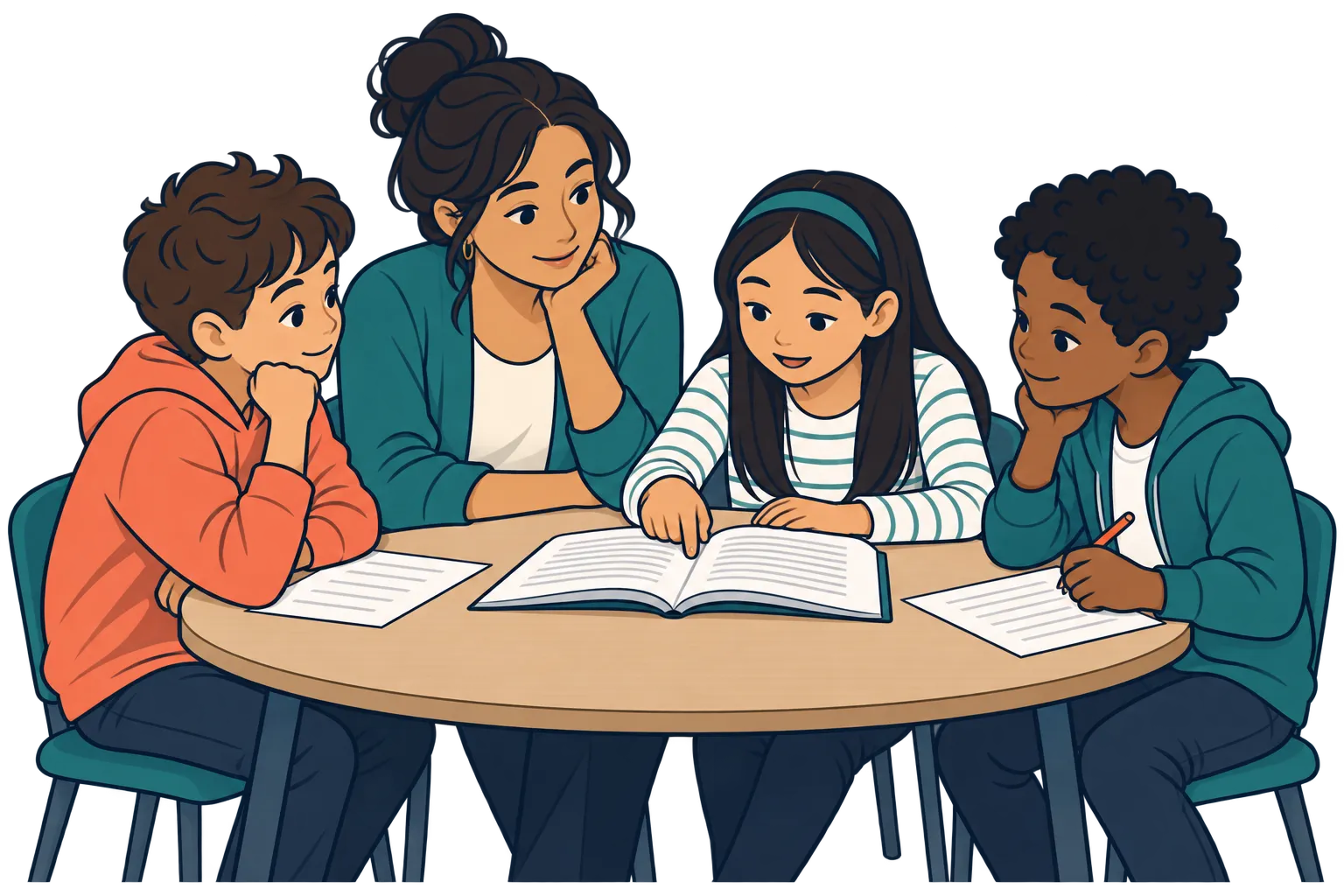 An educator and three students discuss a shared passage around a table. One student points to the text as the others listen.